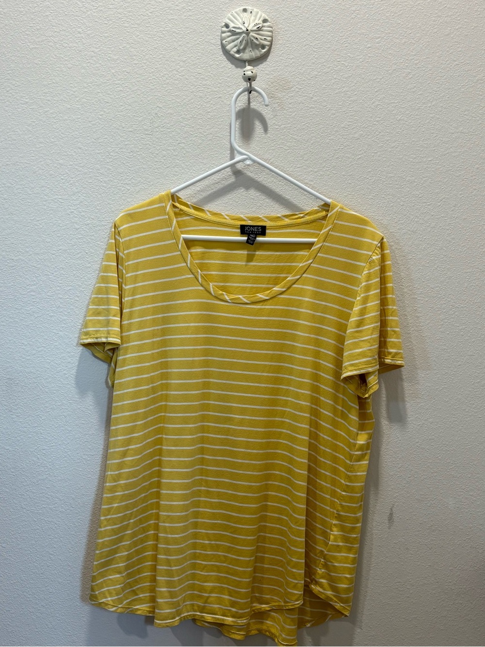 Jones New York Yellow and White Striped Scoop Neck Tee